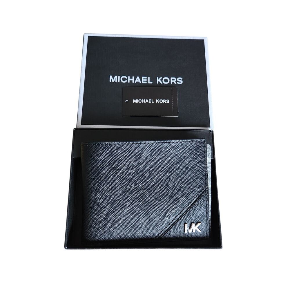 Michael Kors Jet Set Black Textured Dipped Canvas Slim Billfold Bifold Wallet